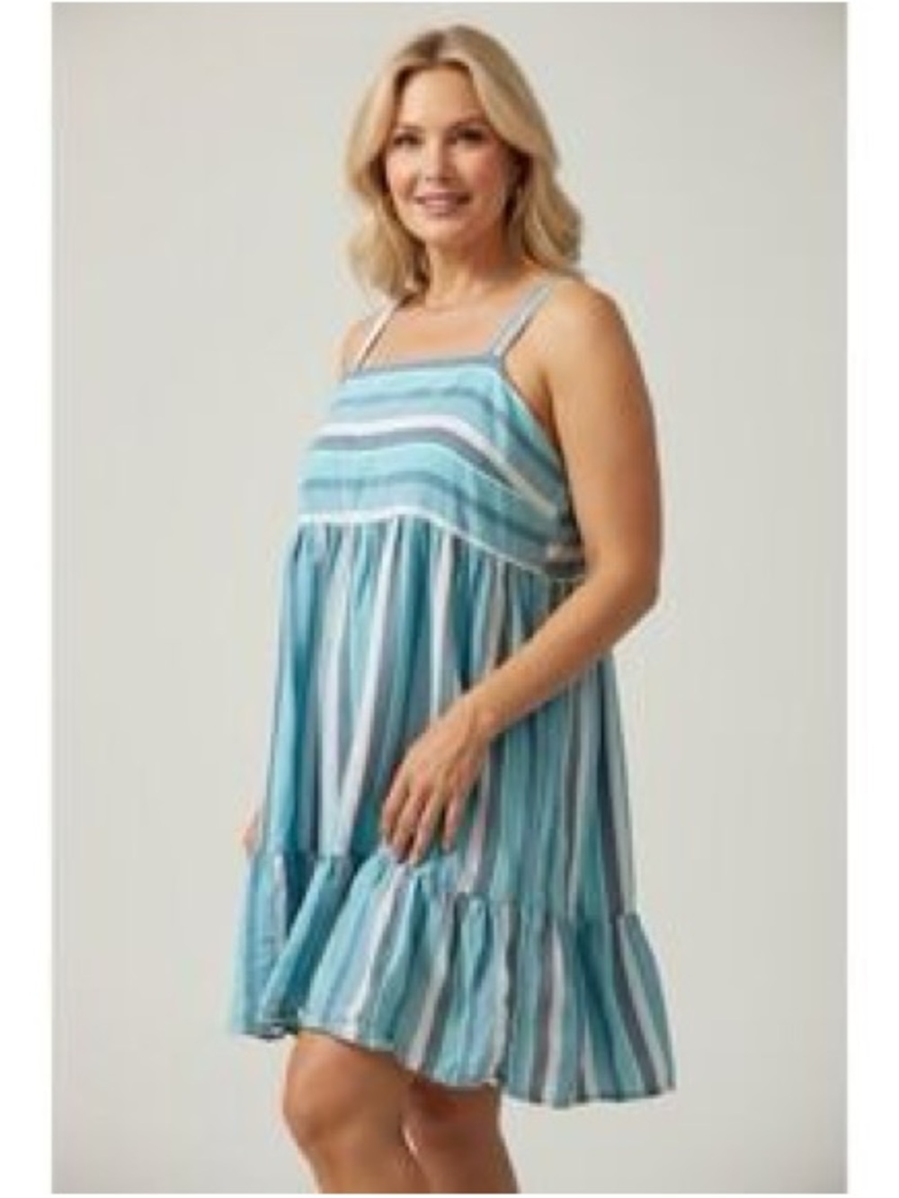 3/$10 Striped Aqua Asymmetrical Sundress — Casual Summer Dress
